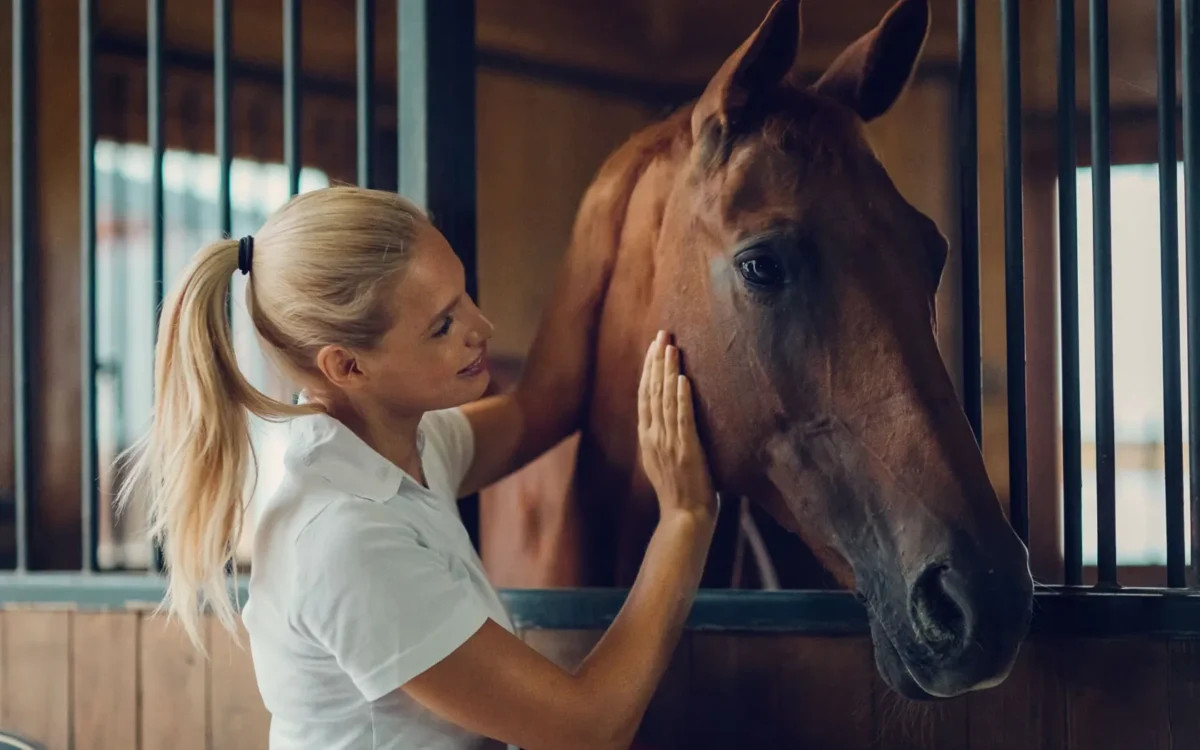 Woman petting horse in stable.