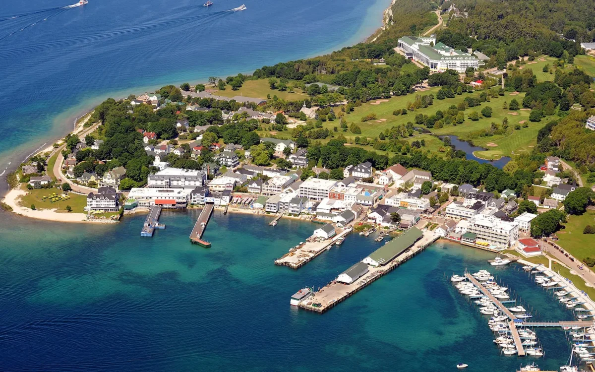 An aerial view of Mackinac Island showcasing the docks.