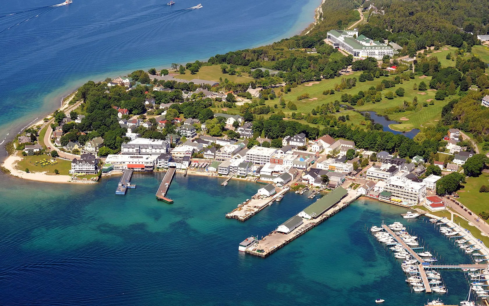 An aerial view of Mackinac Island showcasing the docks.